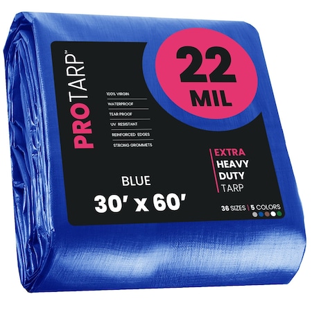 Protarp Heavy Duty Tarp, 30 ft x 60 ft, 22 Mil, Blue, Polyethylene, Waterproof, Rip and Tear Proof PT-205-30X60